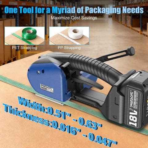 Heavy Duty Rock Solid Electric Strapping Machine For PP PET Bands Featuring Hot Swappable Batteries Fast Charge Cycle and No Sweat Operation, displaying PET and PP straps with size details.