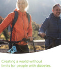 Two people biking outdoors, representing active lifestyle for diabetes management, text reads 'Creating a world without limits for people with diabetes.'