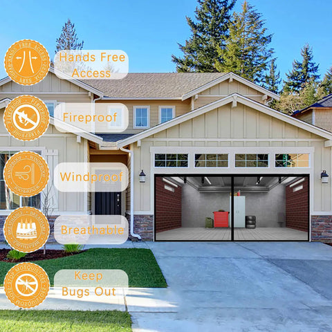 Heavy Duty Magnetic Garage Screen Door For 2 Car Garage 16 By 8 Feet Built Tough From Fiberglass Mesh with features described