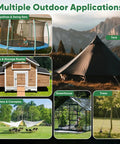 Collage showing uses of 18 Inch Ground Anchors Screw In Heavy Duty Shed Anchor Kit for sheds, trampolines, tents, and trees in windy areas.
