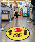 Five Pack Stop Here Floor Signs 18 Inch Round Vinyl Anti Slip High Visibility Stickers For Quick Queue Control And Social Distancing In Busy Places No Fuss wait here sign on supermarket floor
