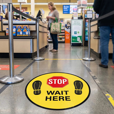 Five Pack Stop Here Floor Signs 18 Inch Round Vinyl Anti Slip High Visibility Stickers For Quick Queue Control And Social Distancing In Busy Places No Fuss wait here sign on supermarket floor
