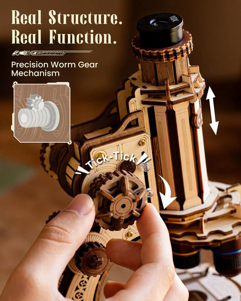 One To One Scale Wooden Puzzle Microscope Kit With 40X To 400X Magnification, Buildable 3D Replica For Adults And Teens, Educational STEM Gift, Great Desk Decor And Learning Display. Wooden microscope gear close-up with hand-held worm gear.