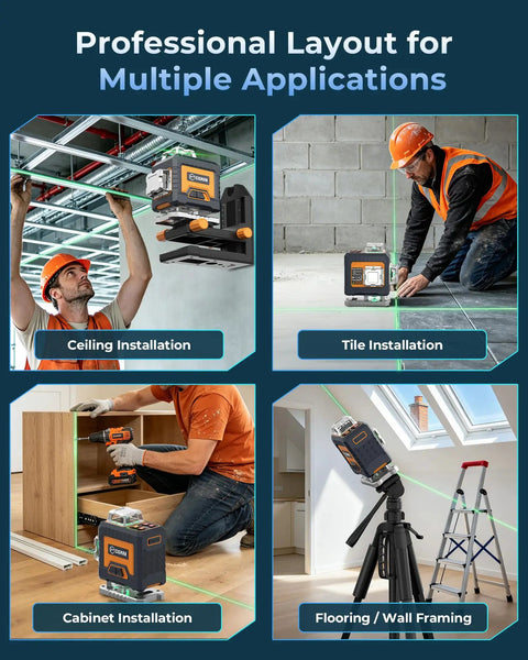 360 Degree Laser Level Self Leveling Kit With Four 360 Degree Green Lasers 16 Bright Lines For Precise Tile And Room Layouts From Floor To Ceiling Square Off Walls And Ceilings Like A Pro. Ceiling, tile, cabinet and framing use