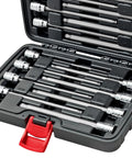 Eighteen Piece Extra Long Ball End Hex Set With Three Eighths Inch Drive SAE And Metric S2 Steel Bits ball end tips case open