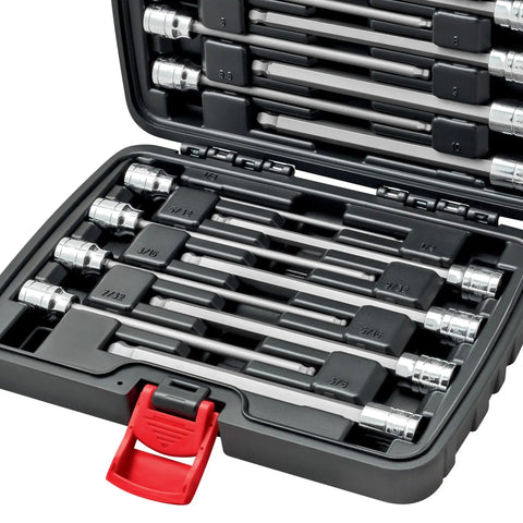 Eighteen Piece Extra Long Ball End Hex Set With Three Eighths Inch Drive SAE And Metric S2 Steel Bits ball end tips case open