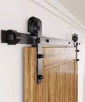 Rustic Black Sliding Barn Door Hardware Kit With 4 And A Half Foot Flat Track Non-Bypass Roller System Heavy-Duty Build installed