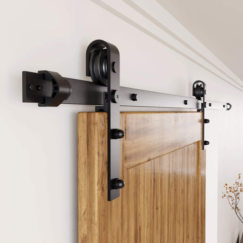 Rustic Black Sliding Barn Door Hardware Kit With 4 And A Half Foot Flat Track Non-Bypass Roller System Heavy-Duty Build installed