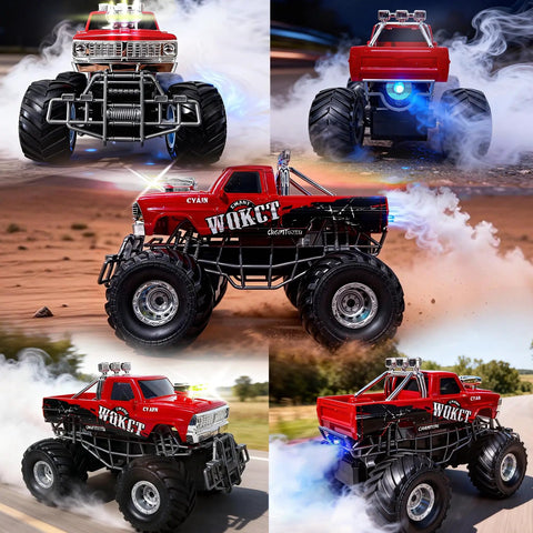 Collage of red RC monster truck with realistic water-based spray mist in various off-road terrains and angles