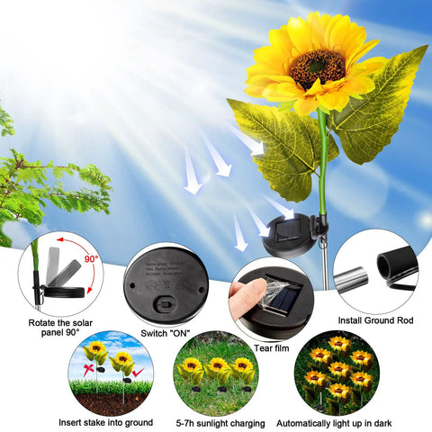 16 Pack Solar Sunflower Garden Lights Led Solar Powered Waterproof Stakes installation guide with sunflower and sunlight illustration