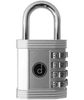 Front view of a silver weatherproof zinc alloy 4 Digit Combination Padlock For Gym Lockers And Outdoor Gates Built Tough Security Lock