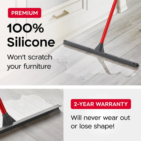 Heavy Duty 24 Inch Floor Squeegee For Concrete And Commercial Spaces Featuring An Effortless Grip Push And Pull Handle clearing spills on wooden floor.