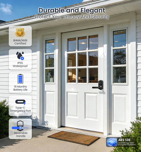 Genuine Matte Black Smart Lever Lock Boasting Hella Fast AI Fingerprint Unlock And Smooth App Control Keypad Entry Perfect For Houses Offices And Rental Units Keeping Your Spot Secure Without Breaking A Sweat installed on a white door.