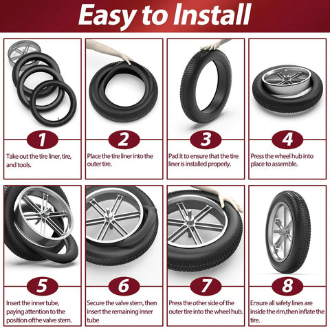 Installation steps for Puncture Resistant 20x4.0 Tire Insert For Fat MTB Tires And Ebikes, showing 8-step process.