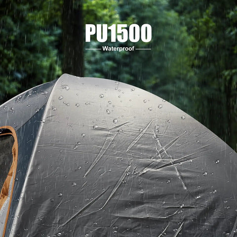 Ultra Lightweight 2 Person Camping Tent With Rainfly, Waterproof canopy detail in rain showing PU1500 fabric durability