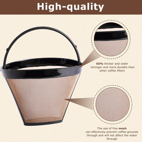 Reusable Gold Tone Cone Coffee Filter Basket For 8 To 12 Cup Makers, Compatible With Ninja And Cuisinart, detailed fine mesh