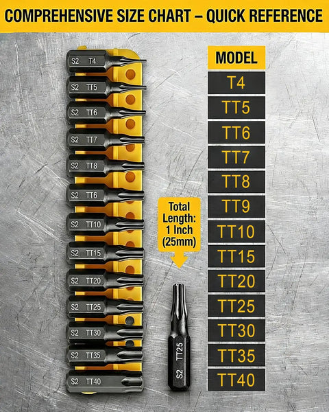 Torx Star Punch And Security Bit Set, 13-Piece, S2 Steel Tamper-Proof Bits With Center Hole size chart, hex shank T4 TT5-TT40
