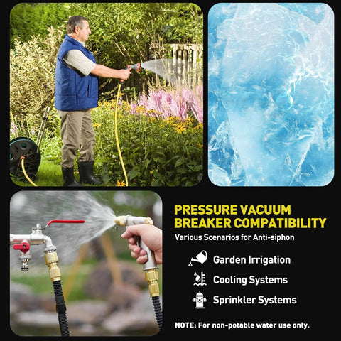 Pressure vacuum breaker assembly collage: gardener watering with hose, brass fittings close-up, and icy blue background