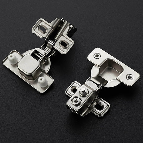Close-up of 20 Pack 10 Pairs Half Inch Overlay Brushed Nickel Short Arm Kitchen Cabinet Hinges With Soft Close 105 Degree Concealed Hinges