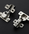 Brushed Nickel Short Arm Cabinet Hinges For Kitchen Cupboards With Half Inch Overlay Heavy Duty Build installed on a black background.