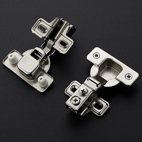 Brushed Nickel Short Arm Cabinet Hinges For Kitchen Cupboards With Half Inch Overlay Heavy Duty Build installed on a black background.