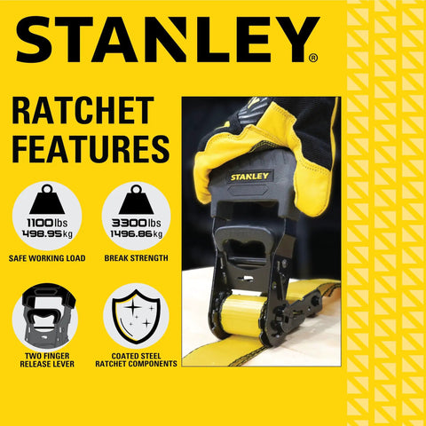 Heavy Duty Beefy Ratchet Tie Down Straps 1.5 Inch Wide 16 Foot Long Black And Yellow 3300 Lb Break Strength Four Pack For Truck Bed Hauling Cargo Securement On Any Jobsite shown with features and specifications, including 1100 lb working load and 3300 lb break strength, on yellow background.