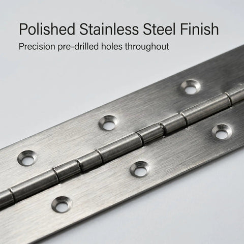Close-up of 4 Pack Piano Hinges 15.7 x 2 Inches Stainless Steel Continuous Hinge with polished finish and pre-drilled holes.