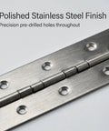 Close-up of Six Pack 15.7 x 2 Inch Stainless Steel Piano Hinges Continuous Hinge with polished finish and pre-drilled holes