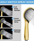 High-Pressure 3-Function Handheld Shower Head With 5 Ft Hose And Bracket showing spray modes on gold chrome finish.