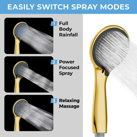 High-Pressure 3-Function Handheld Shower Head With 5 Ft Hose And Bracket showing spray modes on gold chrome finish.