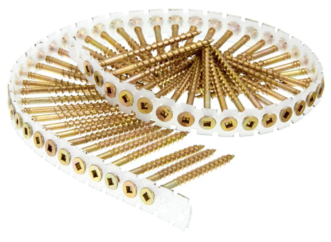 DuraSpin 3 Inch No 8 Square Head Wood To Wood Collated Pro Grade Screws Yellow Zinc Finish 800 Count Box coiled display
