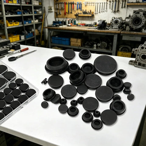Awesome 125pc Silicone Rubber Hole Plugs Kit With 8 Sizes For Furniture And Auto Wiring. Durable Snap-Fit Round Stopper Grommets In Black. Heavy Duty Assortment Set Perfect For Sealing Holes. black silicone rubber hole plugs on workbench, assorted sizes