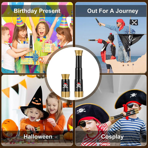 Two Pack Pirate Telescope Toys For Kids Mini Handheld Monocular Bronze And Black Set For Curious Explorers, Perfect For Pretend Sea Adventures, Sharing With Friends, Outdoor Fun, And Educational Imagination. Kids pirate telescope toys, 18 x 4 cm, black and bronze plastic