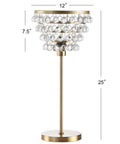 Brass Gold 25 Inch Table Lamp With Clear Crystal Beads, Modern Industrial Chandelier Style Nightstand Lamp dimensions shown