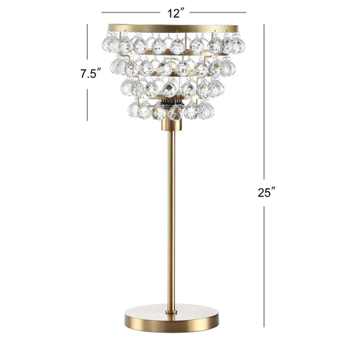 Brass Gold 25 Inch Table Lamp With Clear Crystal Beads, Modern Industrial Chandelier Style Nightstand Lamp dimensions shown