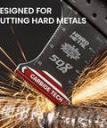 Beast Mode Pro Grade Carbide Oscillating Saw Blades 3 Pack cutting metal with sparks, close-up of aggressive carbide teeth.
