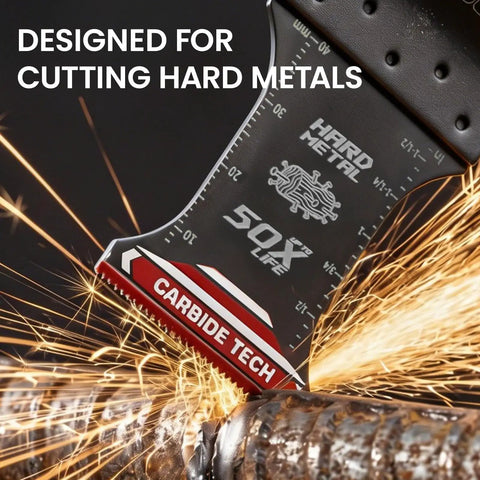 Beast Mode Pro Grade Carbide Oscillating Saw Blades 3 Pack cutting metal with sparks, close-up of aggressive carbide teeth.