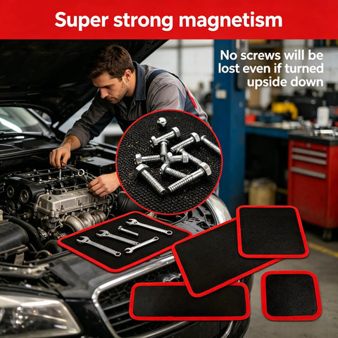 Flexible Magnetic Tool Mat Set For Mechanics And Garage Pros Non Slip Magnetic Tray Holds Screws Nuts Bolts And Small Metal Parts Large 12.8 By 9.64 Inches Heavy Duty Mats For Car Repair And DIY Projects, mechanic using magnetic mat in engine bay