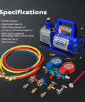 110V One Quarter HP 3.5 CFM Single Stage Rotary Vane Vacuum Pump Pro Grade With AC Manifold Gauge Set, hoses, adapters