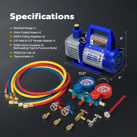 110V One Quarter HP 3.5 CFM Single Stage Rotary Vane Vacuum Pump Pro Grade With AC Manifold Gauge Set, hoses, adapters