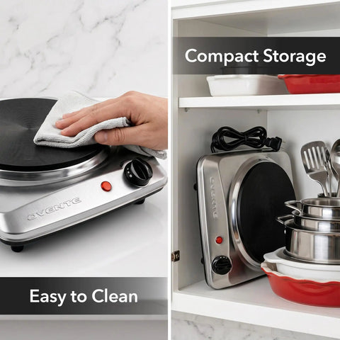 Electric Countertop Single Burner Cooktop 1000W with 7.25 inch cast iron plate in use and stored in cabinet