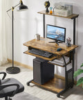 3 Tier Rolling Computer Desk With Keyboard Tray And Printer Shelf For Small Spaces Rustic Brown Mobile Home Office Workstation
