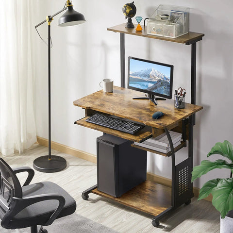 3 Tier Rolling Computer Desk With Keyboard Tray And Printer Shelf For Small Spaces Rustic Brown Mobile Home Office Workstation