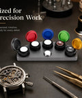 Color Coded Watch Oil Cup Set With Lids Five Empty Metal Oil Cups And Stand For Horology Repair On The Bench Oiler Kit