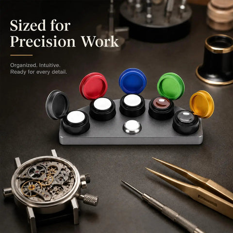 Color Coded Watch Oil Cup Set With Lids Five Empty Metal Oil Cups And Stand For Horology Repair On The Bench Oiler Kit