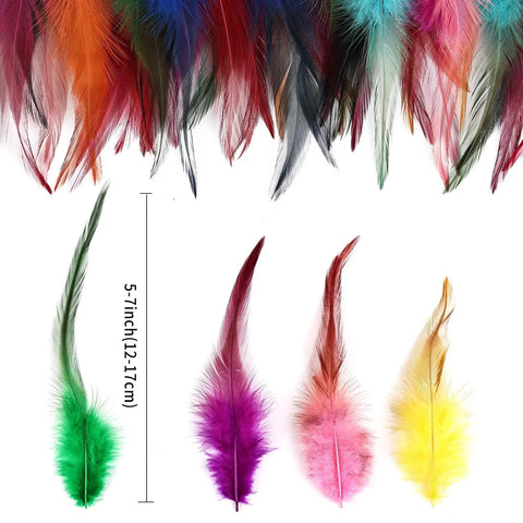 120 Pcs 5 To 7 Inch Rooster Saddle Feathers Bulk For Crafts And DIY Projects, Wedding Decor, showing 5-7 inch multi-colored feathers