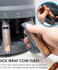 Dead On Coin Sorter And Counter Wrapper Machine With Rapid Sorting Functions handles US currency and includes coin tubes for wrapping.