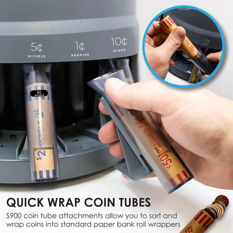 Dead On Coin Sorter And Counter Wrapper Machine With Rapid Sorting Functions handles US currency and includes coin tubes for wrapping.