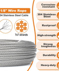 One Eighth Inch Stainless Steel Wire Rope Kit With 100 Feet Of Cable 7 by 7 Strands Aircraft Cable for Deck Railing and DIY Projects