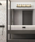 Sleek 28.35-Inch LED Vanity Light In Black And Gold With Clear Bubble Glass Shades 4000K Neutral White Damp Rated Four Light Bath Fixture